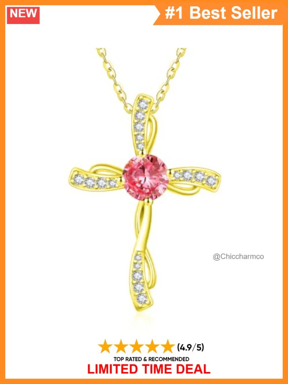 14K Gold Cross Necklace with October Birthstone Pendant 18+2 Inch Adjustable